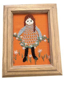 VTG Handcrafted Embroidered Girl Wall Art In Wooden Frame Unique Decor Piece